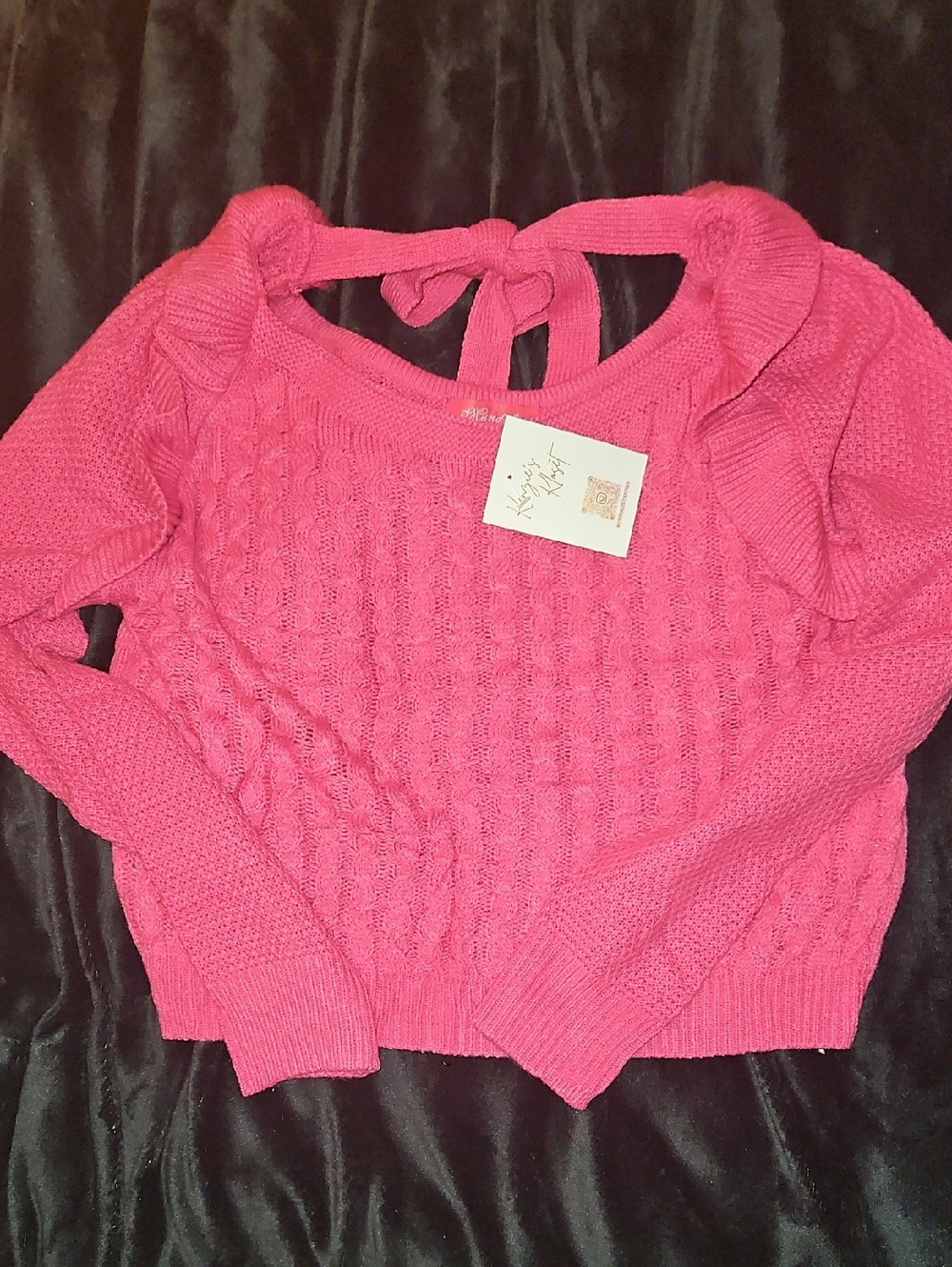 Boutique Hot Pink Off-Shoulder Cable Knit Sweater with Back Tie